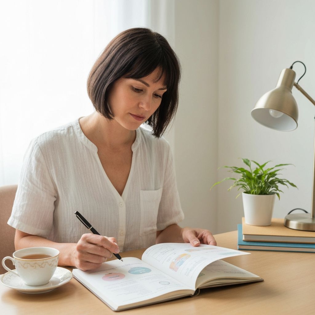 Woman reading about supplements with tea, showing thoughtful research approach