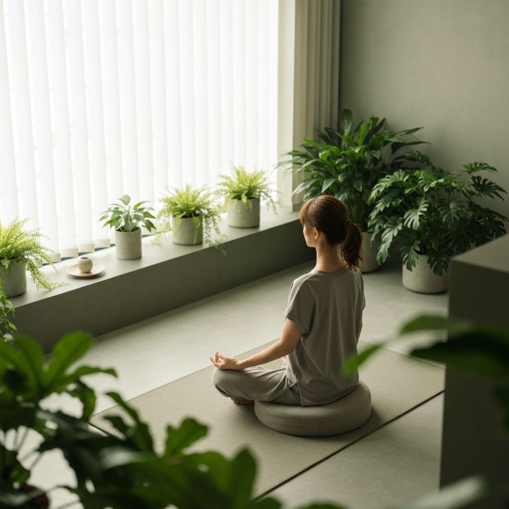 Person meditating in a sunlit room with plants