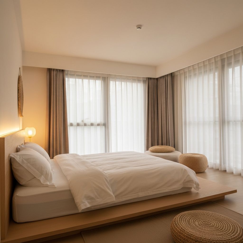 Bedroom with soft lighting and comfortable bedding